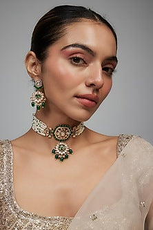 Gold Finish Kundan Polki & Pearl Drop Choker Necklace Set
