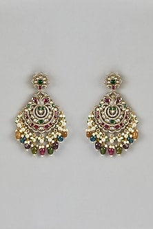 Gold Finish Multi-Colored Kundan Polki Chandbali Earrings