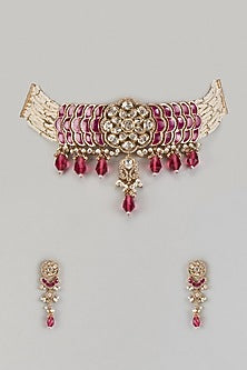 Gold Finish Kundan Polki & Red Pearl Drop Choker Necklace Set