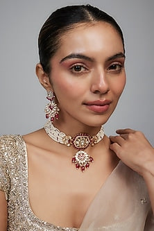 Gold Finish Kundan Polki & Pearl Drop Choker Necklace Set