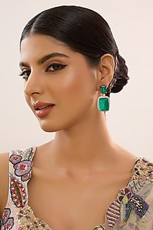 White Finish Emerald & Zircon Dangler Earrings