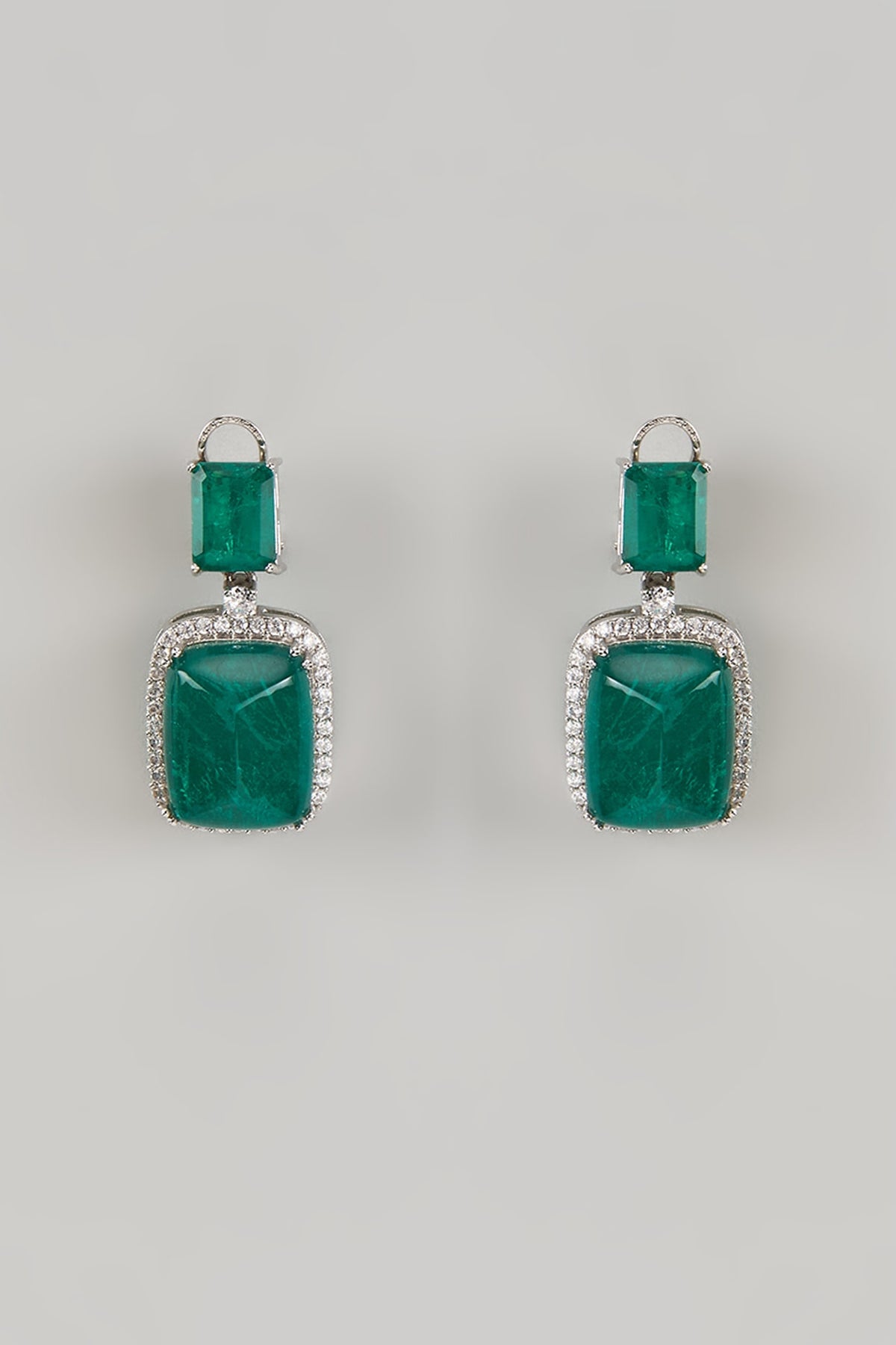 White Finish Emerald & Zircon Dangler Earrings