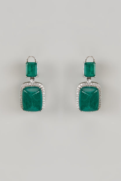 White Finish Emerald & Zircon Dangler Earrings