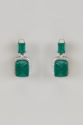 White Finish Emerald & Zircon Dangler Earrings