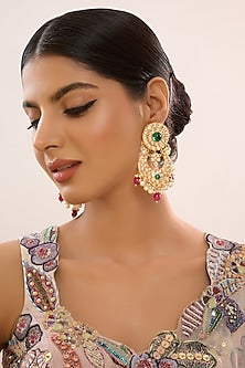 Gold Finish Multi-Colored Kundan Polki Chandbali Earrings