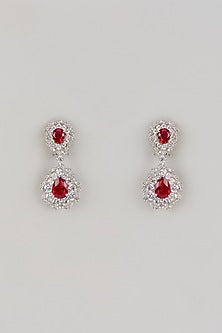 White Finish Zircon & Ruby Red Stone Dangler Earrings