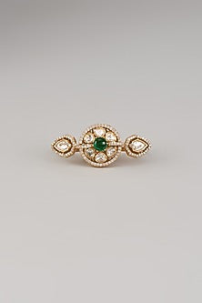 Rose Gold Finish Zircon & Emerald Green Stone Two-Finger Ring