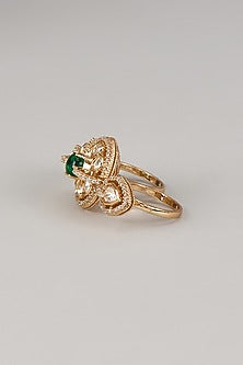 Rose Gold Finish Zircon & Emerald Green Stone Two-Finger Ring