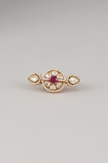 Rose Gold Finish Zircon & Ruby Red Stone Two-Finger Ring