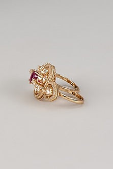 Rose Gold Finish Zircon & Ruby Red Stone Two-Finger Ring