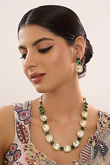 Gold Finish Kundan Polki & Emerald Green Stone Necklace Set