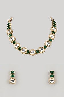 Gold Finish Kundan Polki & Emerald Green Stone Necklace Set
