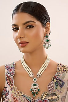 White Finish Emerald Green Stone & Pearl Long Necklace Set