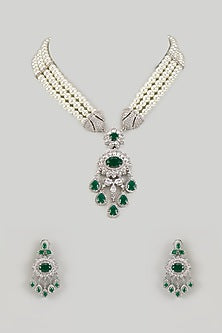 White Finish Emerald Green Stone & Pearl Long Necklace Set