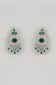 White Finish Emerald Green Stone & Pearl Long Necklace Set