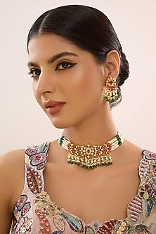 Gold Finish Multi-Colored Pachi Kundan Polki Choker Necklace Set