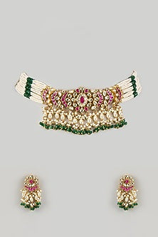 Gold Finish Multi-Colored Pachi Kundan Polki Choker Necklace Set