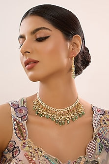 Gold Finish Pachi Kundan Polki & Pearl Necklace Set