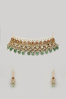 Gold Finish Pachi Kundan Polki & Pearl Necklace Set
