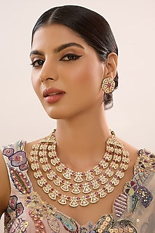 Gold Finish Kundan Polki & Ruby Stone Layered Necklace Set