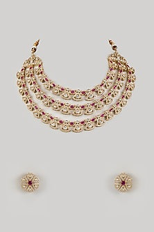 Gold Finish Kundan Polki & Ruby Stone Layered Necklace Set