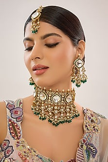 Gold Finish Kundan Polki & Pearl Choker Necklace Set