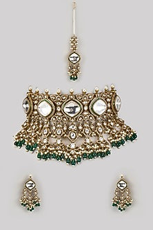 Gold Finish Kundan Polki & Pearl Choker Necklace Set