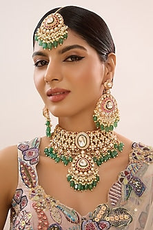 Gold Finish Multi-Colored Kundan Polki Choker Necklace Set