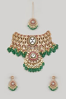 Gold Finish Multi-Colored Kundan Polki Choker Necklace Set