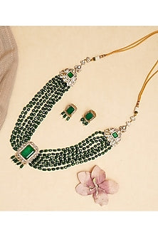 Gold Finish Emerald Stone Long Necklace Set