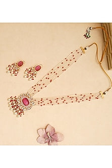 Gold Finish Pink Semi-Precious Doublet & Pearl Long Necklace Set