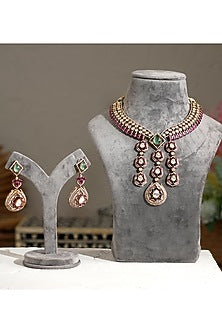Gold Finish Mint & Ruby Kundan Polki Choker Necklace Set