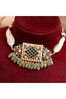 Gold Finish Kundan Polki & Pearl Choker Necklace Set