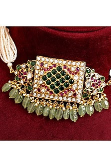 Gold Finish Kundan Polki & Pearl Choker Necklace Set