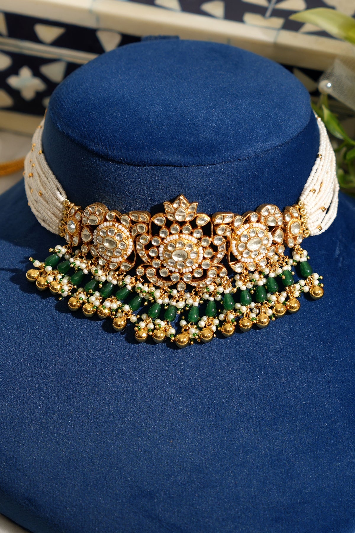 Gold Finish Pacchi Kundan Polki & Pearl Choker Necklace Set