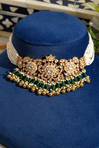 Gold Finish Pacchi Kundan Polki & Pearl Choker Necklace Set