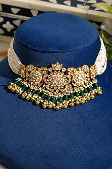 Gold Finish Pacchi Kundan Polki & Pearl Choker Necklace Set