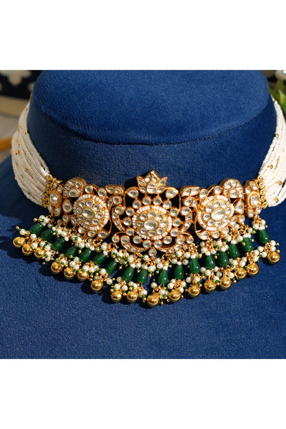 Gold Finish Pacchi Kundan Polki & Pearl Choker Necklace Set