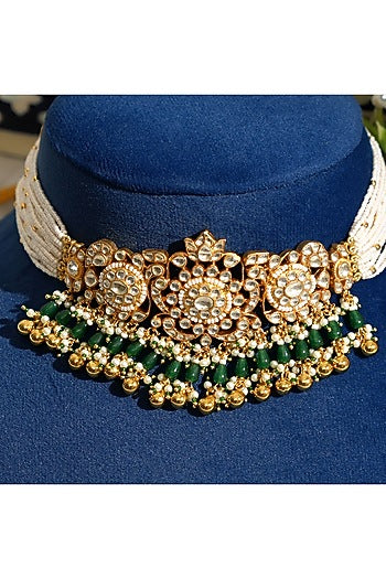 Gold Finish Pacchi Kundan Polki & Pearl Choker Necklace Set