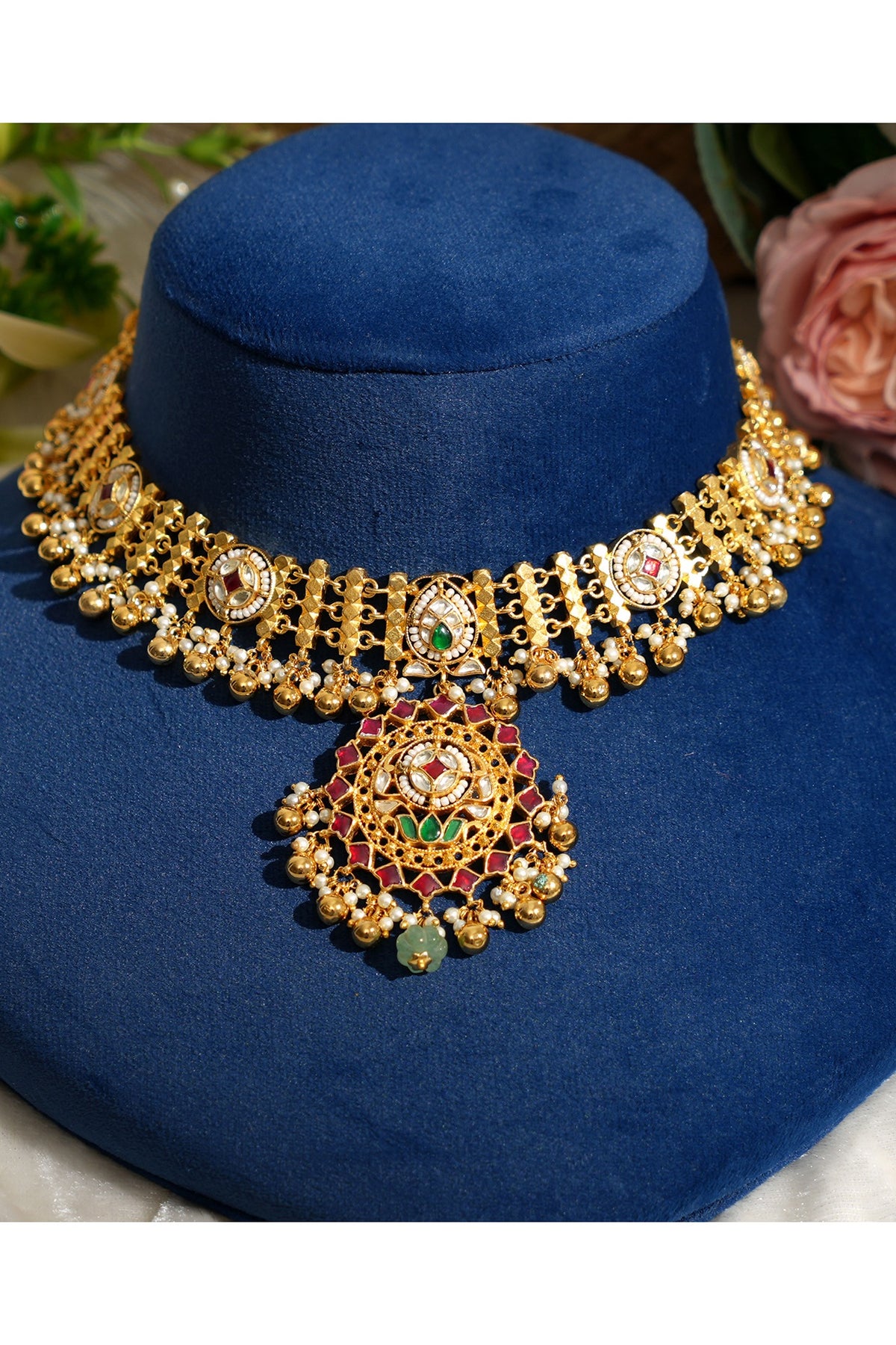 Gold Finish Pacchi Kundan Polki & Pearl Choker Necklace Set