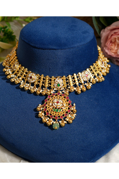 Gold Finish Pacchi Kundan Polki & Pearl Choker Necklace Set