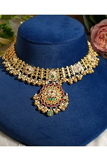 Gold Finish Pacchi Kundan Polki & Pearl Choker Necklace Set