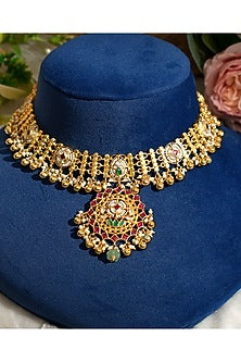 Gold Finish Pacchi Kundan Polki & Pearl Choker Necklace Set