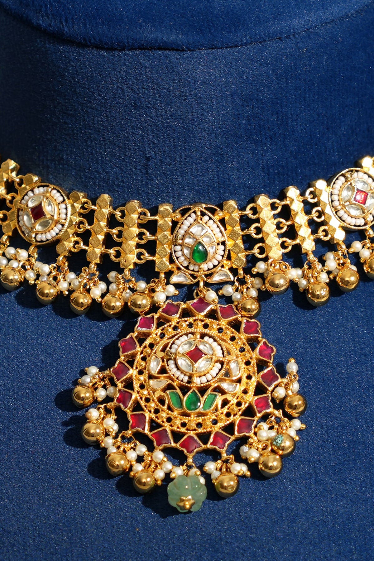 Gold Finish Pacchi Kundan Polki & Pearl Choker Necklace Set