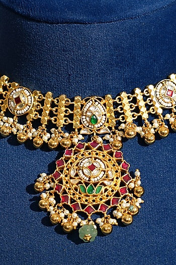 Gold Finish Pacchi Kundan Polki & Pearl Choker Necklace Set