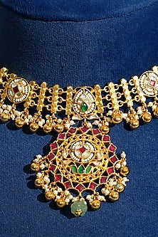 Gold Finish Pacchi Kundan Polki & Pearl Choker Necklace Set