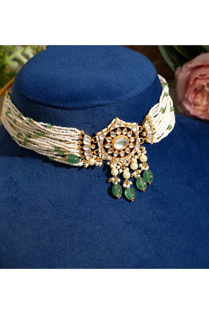 Gold Finish Pacchi Kundan Polki & Freshwater Pearl Choker Necklace Set
