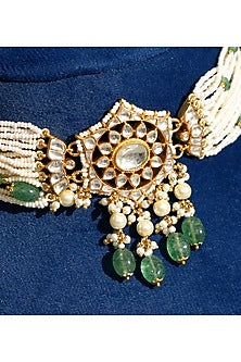 Gold Finish Pacchi Kundan Polki & Freshwater Pearl Choker Necklace Set