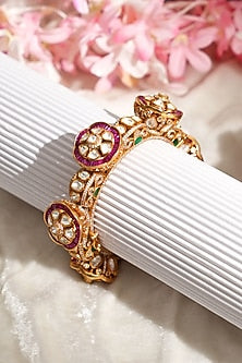 Gold Finish Pacchi Kundan Polki & Ruby Ston Openable Bangle