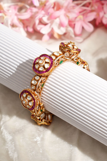 Gold Finish Pacchi Kundan Polki & Ruby Ston Openable Bangle